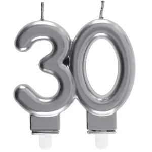 SANTEX REF/6931 -Décoration gâteau anniversaire avec bougie 30 ans argent métallique (x1)