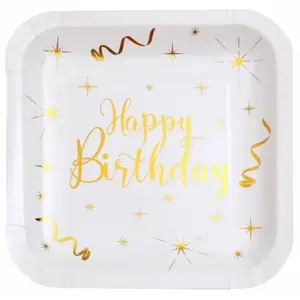 Comparateur de prix : Sachet 10 Assiettes carrées HAPPY BIRTHDAY, Blanc/Or