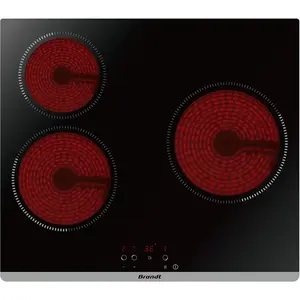 Table de cuisson vitrocéramique 60cm 3 feux 5300w noir Brandt BPV6320B pas cher