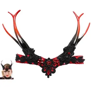 RueDeLaFete Coiffe gothique rouge/noire avec cornes et pierres rouges pas cher