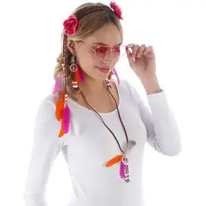 Comparateur de prix : Kit Hippie de Luxe - Roses et Plumes - Bandeau, Lunettes, Collier et Boucles d'oreilles - Femme