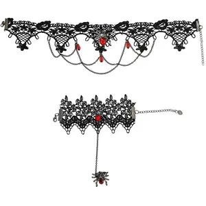 Comparateur de prix : RueDeLaFete Set Tour de cou et Bracelet avec Bague araignée, noir/rouge