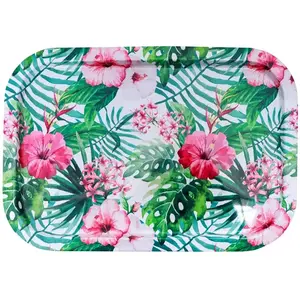 Comparateur de prix : Grand plateau métal Fleurs tropicales 34 cm