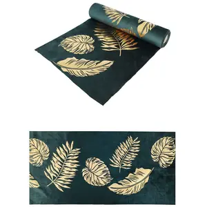 Chemin de Table en Velours Vert Feuilles dorées 28 cm x 3 m