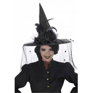Chapeau Sorcière avec roses plumes et voile luxe, Noir
