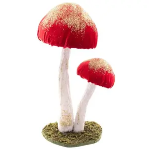 RueDeLaFete Deux Champignons fins fairy velours pailletés or sur socle, Rouge 25cm pas cher