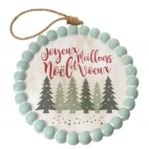RueDeLaFete Déco bois blanchi Joyeux Noël ronde avec perles vertes 25cm pas cher