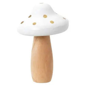 RueDeLaFete Grand Champignon en bois bicolore naturel et blanc, pois or 15,5 cm pas cher