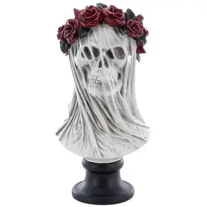 RueDeLaFete Grand Buste TÃªte de Mort voilÃ©e avec couronne fleurie 35,5cm