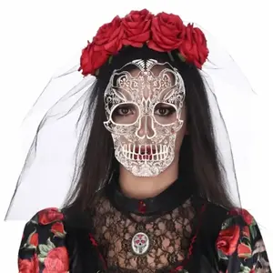 Comparateur de prix : Coiffe Day of the dead avec roses rouges et voile imprimé