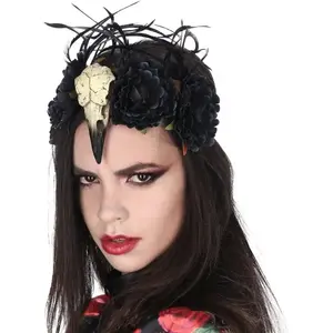 RueDeLaFete BANDEAU Vaudoo et tête d'oiseau et fleurs noires pas cher