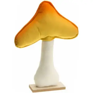 RueDeLaFete Grand Champignon Velours Orange/Jaune sur socle bois naturel 30cm pas cher
