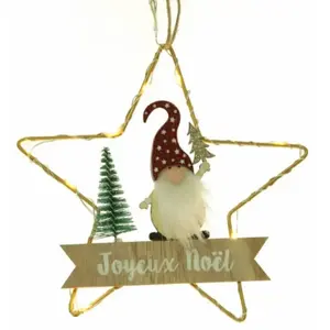 RueDeLaFete Déco Etoile métal leds Joyeux Noël gnome 17cm à suspendre pas cher