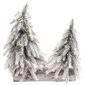 Centre de table en bois avec 2 Sapins enneigés réalistes 20x22cm