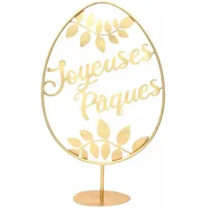 RueDeLaFete Grand Oeuf Joyeuses Pâques en métal doré sur pied rond 55cm pas cher