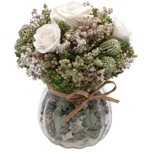 RueDeLaFete Déco Bouquet Fleurs blanches Margot séchées 15cm dans Pot en verre pas cher