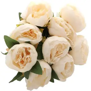Grand Bouquet de 9 Pivoines 43cm ivoire saumoné FETE-12694 pas cher