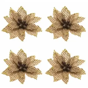 Lot de 4 Fleurs Poinsettia 6cm avec paillettes or, Jute