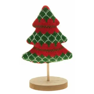 RueDeLaFete Déco Sapin tricot Noël rouge/vert 17 cm sur socle bois pas cher