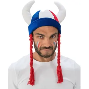 Comparateur de prix : CHAKS Casque gaulois cornes et tresses bleu blanc rouge - Accessoire déguisement pour adulte