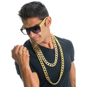 RueDeLaFete Kit Rappeur 4 pièces dorées (lunettes, bague, 2 colliers) pas cher