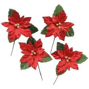 RueDeLaFete 4 TIGES POINSETTIA ARTIFICIEL 6X8CM ROUGE pas cher