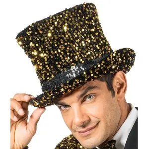 Comparateur de prix : Chapeau haut de forme 19cm en velours noir et sequins Or