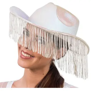 Comparateur de prix : Chapeau cowgirl irisé avec franges, Blanc