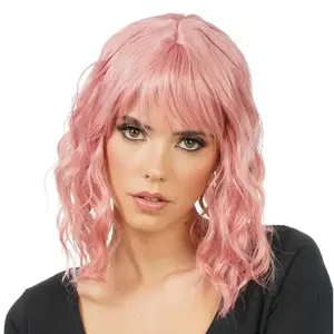 RueDeLaFete Perruque cheveux courts ondulés, Rose pastel pas cher