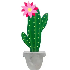 RueDeLaFete Déco Cactus et fleur bois sur socle pot effet ciment 31cm pas cher