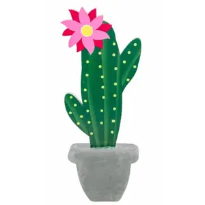 RueDeLaFete Petite Déco Cactus et fleur bois sur socle pot effet ciment 20cm pas cher