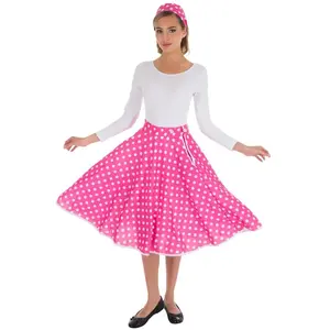 RueDeLaFete Jupe longue à pois blancs 60's + Bandeau, Rose pas cher