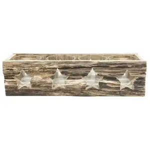 Porte-bougie rectangle en bois naturel avec découpes Etoile 37cm