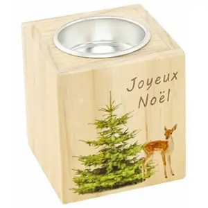 RueDeLaFete Bougeoir Cube bois photoprint Faon/Sapin Joyeux Noël 7cm pas cher