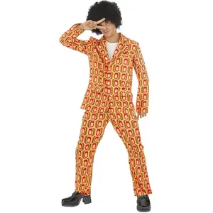 Costume complet disco motifs carré jaune/rouge homme, taille L