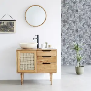 BOIS DESSUS BOIS DESSOUS HANA  Meuble de salle de bain en mindi massif et cannage 85 cm Berah Getah pas cher