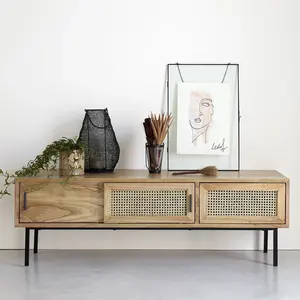 BOIS DESSUS BOIS DESSOUS AUBIN Meuble TV en mindi massif et cannage 140 cm Berah Getah pas cher