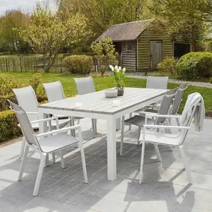 BOIS DESSUS BOIS DESSOUS Berah Getah - Salon de jardin aluminium blanc et textilène gris 8 placesVendu parnature-et-decouvertes