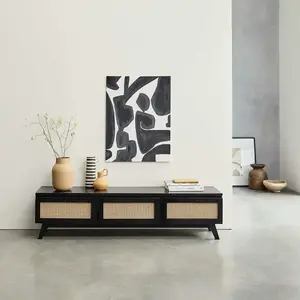 BOIS DESSUS BOIS DESSOUS Meuble TV en mindi massif 3 portes cannage 160 cm noir pas cher