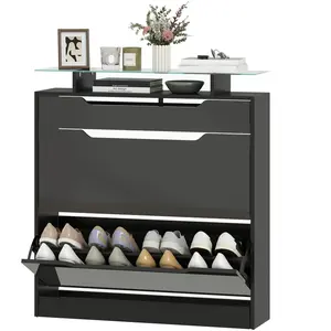 HOMCOM Armoire à Chaussures, 2 Tiroirs Rabattables, 1 Tiroir Coulissant, 1 Comptoir, 89x23x96cm, Noir pas cher