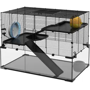 PawHut Cage hamster cage rongeur 3 niveaux avec roue rampes maisonnette abreuvoir mangeoire 76,5L x 48,5l x 54,5H cm noir pas cher