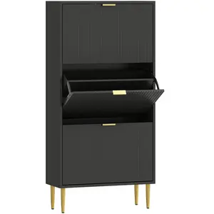HOMCOM Meuble à chaussures 18 paires avec 3 tiroirs rabattables, portes cannelées et étagères réglables, 60x24x128cm, noir pas cher