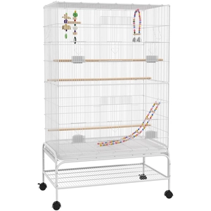 PawHut Cage à oiseaux sur pieds roulettes avec 4 mangeoires et 3 perchoirs 79 x 49 x 133 cm blanc pas cher