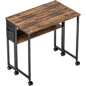 HOMCOM Bureau pliable sur roulettes 80 x 50 cm avec étagère et sac de rangement, brun rustique pas cher