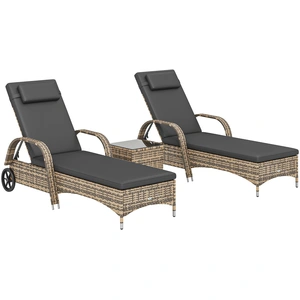 Outsunny Lot de 2 transats bains de soleil : matelas, têtière, inclinaison réglable roulettes + table basse verre trempé gris foncé pas cher