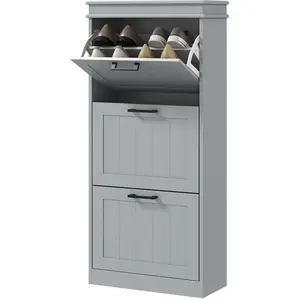 HOMCOM Meuble à chaussures, armoire à chaussures 3 portes abattants 15 paires, étagères réglables, 54 x 24 x 117,5 cm, gris pas cher