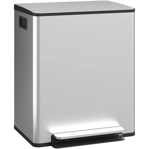 HOMCOM Poubelle de cuisine 2 compartiments de 2 x 25L, acier inoxydable, couvercle à fermeture douce, 47,7x37,5x56cm, argent pas cher