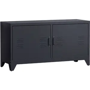 HOMCOM Meuble TV banc TV design industriel - 2 placards, 2 étagères, 4 passe-fils - tôle métal noir pas cher