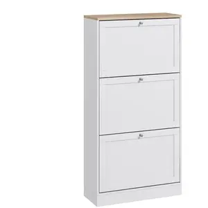 HOMCOM Armoire à chaussures 3 portes abattantes 2 compartiments panneaux particules blanc aspect chêne clair
