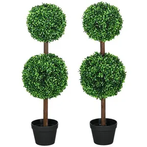 Comparateur de prix : HOMCOM Lot de 2 buis artificiel double boules - cailloux et pot inclus - H.90 cm PE vert